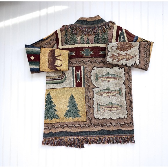 vtg Jan's Jems bear deer fish rustic woven tapestry blanket jacket coat - Picture 6 of 8